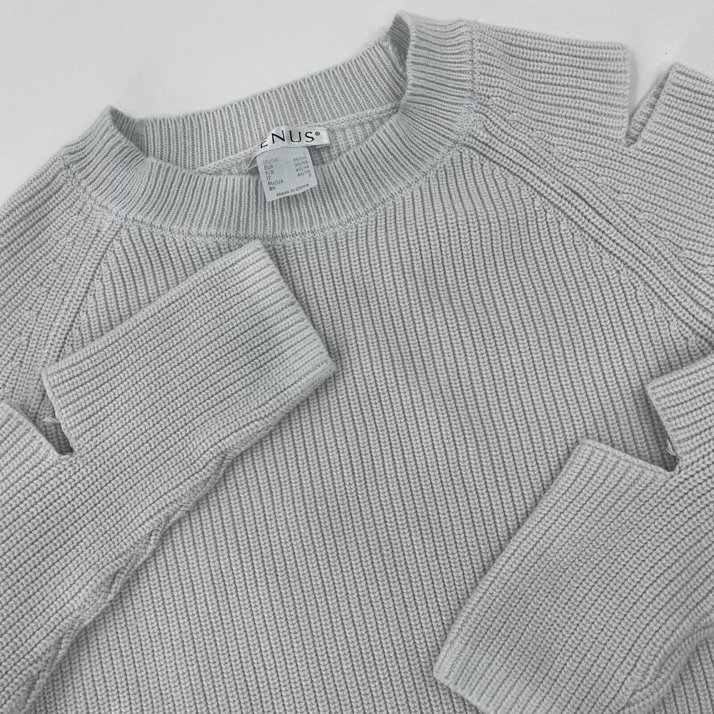 Venus Women's Small Light Grey Cotton Blend Cut Out Sleeves Pullover Sweater